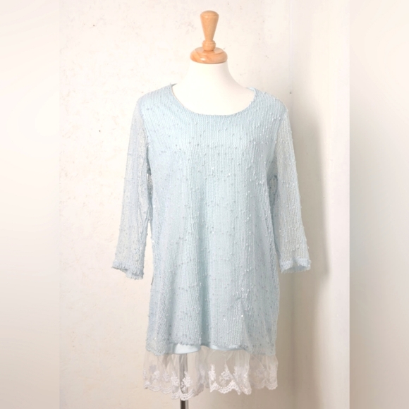Elena Wang | Pastel blue long knit sweater with sequins & lace trim - Picture 1 of 11